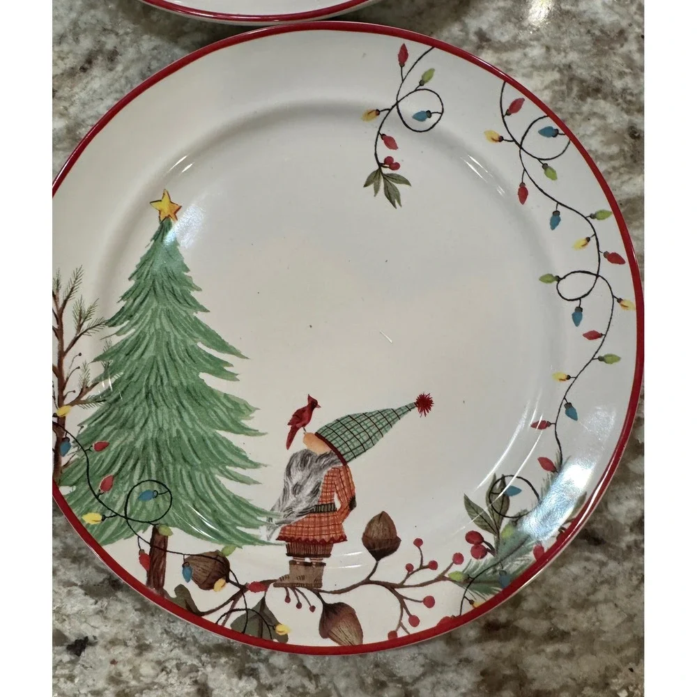 Pottery Barn Forest Gnome Salad Plates Set of 4 Christmas Holiday Stoneware 9in